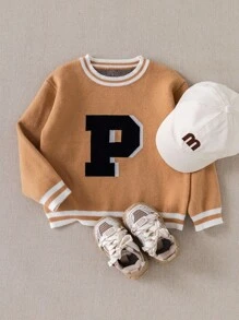 Young Boy PrepCrw Letter Print Crew Neck Long Sleeve Sweater Boys Brown Sweater Preppy For Fall Autumn Winter, Casual Varsity Sweaters - Multicolor - View 3
