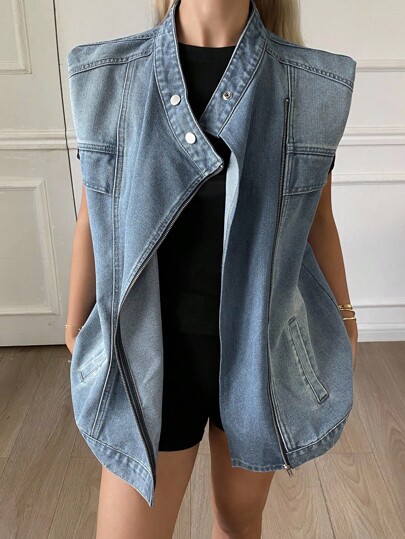 Livesso Women Denim Sleeveless Padded Shoulder Mid-Length Jacket