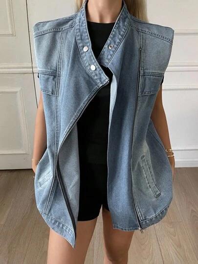 Livesso Chaqueta de mezclilla sin mangas con hombros acolchados y de longitud media para mujer