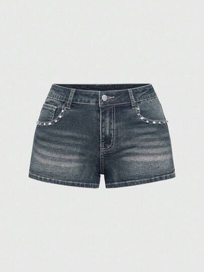 Grunge Punk Shorts en jean grande taille avec décoration de broderie croix et strass de style Y2K
