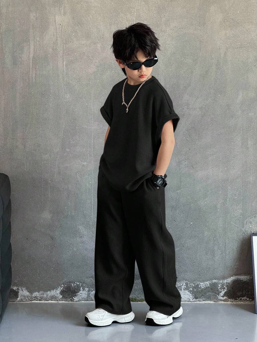 Tween Boy 休闲韩版宽松纯黑色背心和裤子套装，通勤、上学、日常休闲、运动皆宜，适合春夏季、度假 - 黑色 - 查看 1