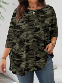SHEIN LUNE Camouflage Print Casual Minimalist Loose Fit Round Neck Long Sleeve T-Shirt, Plus Size, Suitable For Autumn/Winter - Green - View 4