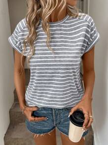 Easowa 女士夏季條紋印花圓領蝙蝠袖休閒T恤 - 灰色 - 查看 1
