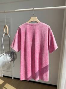 SHEIN EZwear Women Plus Size Embroidered Washed Short Sleeve T-Shirt - Pink - View 2