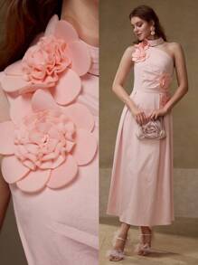 MOTF 3D FLOWER ASYMMETRICAL NECK MID-LENGTH DRESS - Pink - View 7