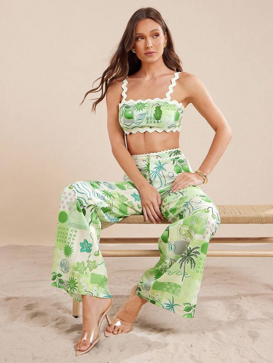 L'Amorae Damen Sommer Früchte Muster Patchwork Träger Hosen, Urlaubsstil