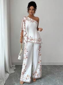 Rafferiza 女士优雅图案不对称肩部收腰上衣 + 长裤优雅印花 2 件套 - 白色 - 查看 5