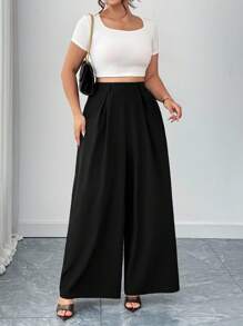 Elenzga Pantalones informales de pierna ancha y larga de color negro de talla grande con elástico en la espalda, aptos para primavera, verano y otoño