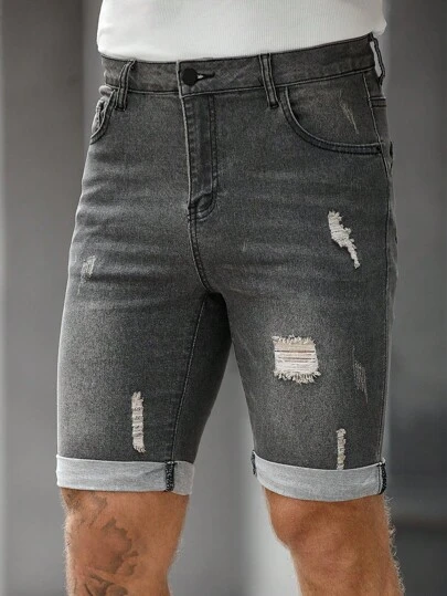 Manfinity Homme 男士纯色破洞口袋休闲时尚牛仔短裤