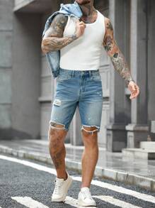 Manfinity LEGND 男士夏季休闲水洗斜口袋磨破牛仔短裤 - 淺色水洗藍 - 查看 3
