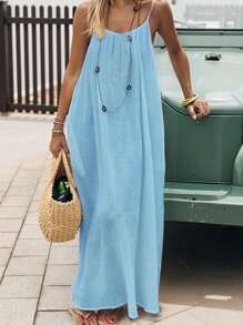 Cévolie 女士纯色褶皱宽松休闲长款吊带裙 - 藍色 - 查看 3