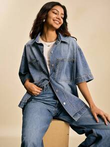 Easelle Women's Solid Color Casual Short-Sleeved Denim Shirt With Rhinestones On The Front, Sparkling, Independence Day, Outdoor, Back To School, Vintage, Streetwear