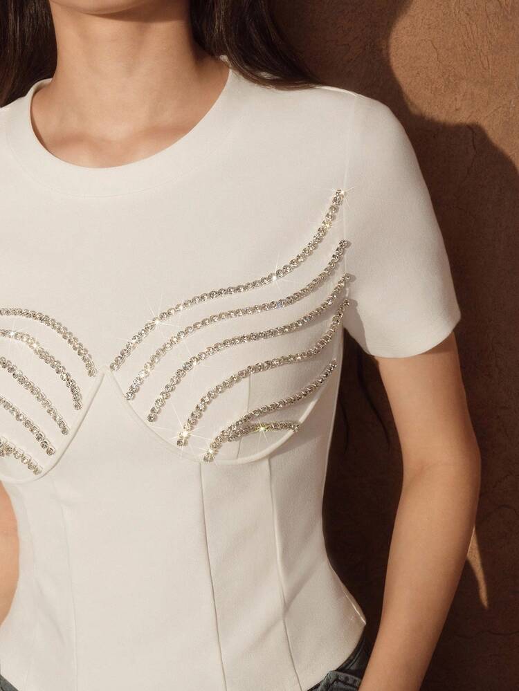 Sexy Rhinestone Decor Waist Fitted Round Neck Short Sleeve T-Shirt, Summer Look