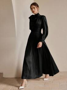 Anewsta Women's Long Dress With Waist Pleats, Shiny And Elegant, Versatile For Spring And Autumn