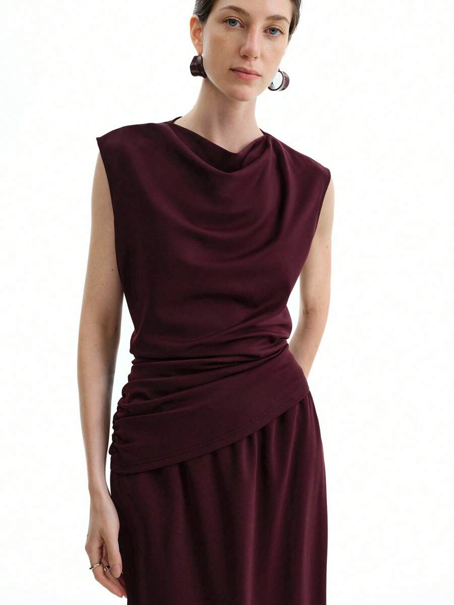 Aalyst 2件套女士夏季简约优雅纯色酒红色褶饰上衣和裤子套装