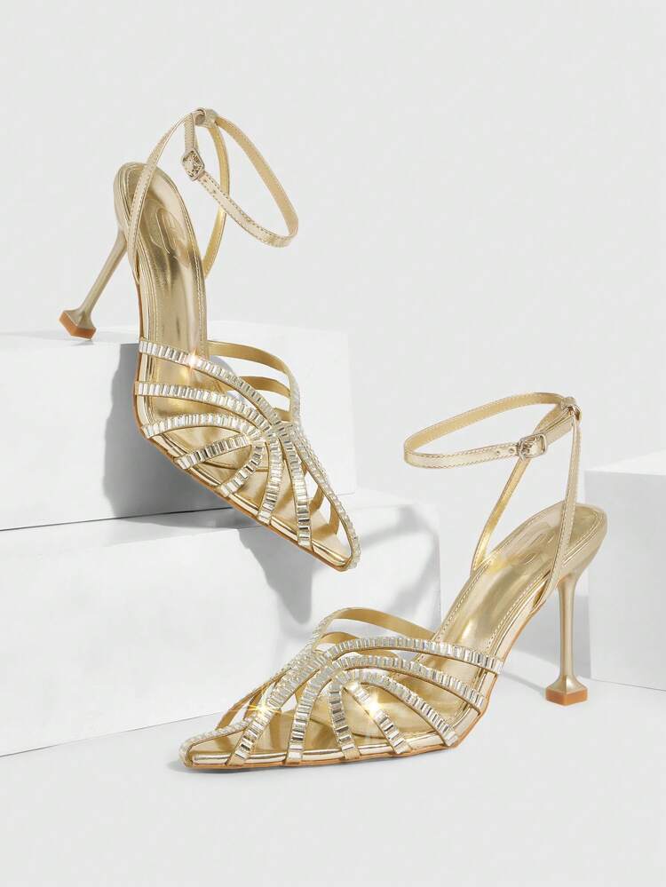 CUCCOO SZL Women Shoes New European And American Fashion Lace-Up Combination Inlaid With Rhinestones Hollow Lace-Up Pointed High-Heeled Sandals, Versatile, Comfortable, Lightweight, Simple And High-End Temperament Elegant And Sexy Shoes Spring Shoes