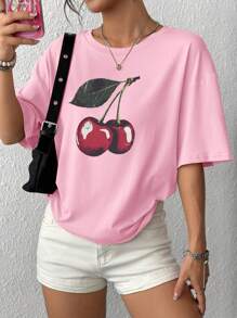 SHEIN Plus Size Women's Round Neck Cherry Pattern Loose Raglan T-Shirt - Pink - View 3