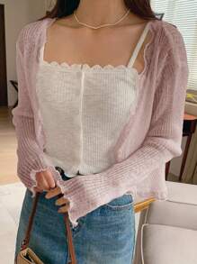 DAZY 女式碎花白色半透明休闲开衫 秋冬 - 粉色 - 查看 6