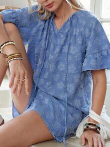 LanaWest Conjunto de 2 piezas, informal, con efecto de mezclilla, escote en V con cordones, manga raglán holgada para mujer - Azul - Ver 1