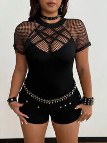 Plus Whyspr-D Casual Cutout Front Mesh Panel Geometric Ribbed Trim Tee Top, For Daily Wear, Independence Day, Vacation, Halloween, Back To School, Holidays - Black - View 4