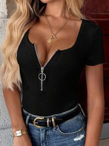 INAWLY Women's Summer Solid Color Half-Zip Short Sleeve Casual T-Shirt - Black - View 5