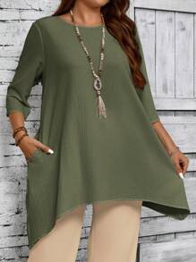 EMERY ROSE Áo sơ mi trắng thường ngày cổ tròn tay áo 3/4 cỡ lớn cho nữ, quần áo mùa xuân và mùa thu cho nữ - xanh quân đội - Xem 5