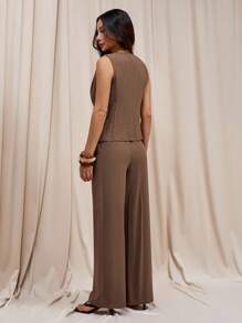 SHEIN PETITE Women Summer Casual Solid V-Neck Fitted Tank Top And Wide Leg Loose Pants Set - Brown - View 5