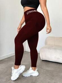 Slayform Women's Plus Size Burgundy Skinny High-Waist Leggings With Letter Detail For Workouts Tummy Control Leggings Plus Size Gym Leggings High Waist Compression Leggings Workout Leggings For Women Gym Leggings Plus Size Tummy Control Yoga Pants - Burgundy - View 2