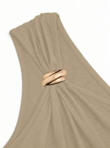 DreamSkyne 大码女式优雅不对称金属扣装饰修身修身黑色衬衫 - 杏色 - 查看 5