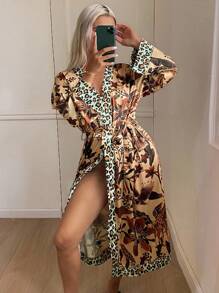 DAZY 女式拼布动物印花豹纹长袍睡衣 - 棕色 - 查看 5