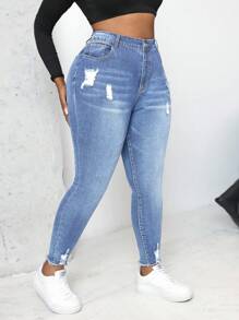 Slaydiva Quần Jeans Denim Xanh Cạp Cao Cỡ Lớn, Ôm Sát Gợi Cảm, Có Vết Xước - Rửa trung bình - Xem 5