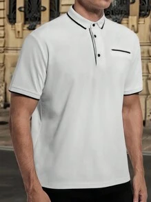 男士休闲拼色装饰 Polo 衫，夏季 - 白色 - 查看 4