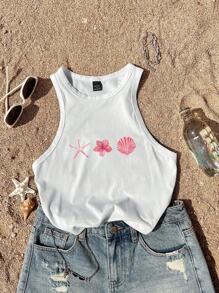 Attitoon 休闲简约粉色海洋元素海星热带花卉贝壳图案圆领修身女式背心，适合夏季度假，含棉量 34% - 白色 - 查看 4