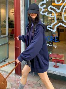 DAZY 女士纯色休闲连帽长袖外套，韩版女式大衣 - 藍色 - 查看 2