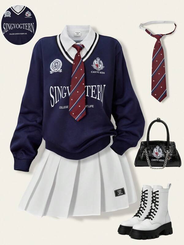 SHEIN Ensemble 2 pièces pour enfants Streecool, pull à col côtelé à manches longues imprimé et jupe plissée mini pour filles préadolescentes. Convient pour le printemps/automne, l'école, les festivals et les événements