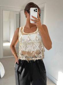 Siren Gaze Women Sheer Sequins Decor Tank Top, For Party Summer - Apricot - View 5