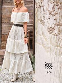 LanaWest New Fashion Off-Shoulder Hollow Lace Ruffle Hem Design Western Bohemian Vacation Style Elegant Women Dress - Apricot - View 1