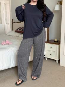 Dazy Plus 加大码两件套家居服套装 - 宽松圆领上衣和碎花裤、睡衣/睡衣套装、秋装