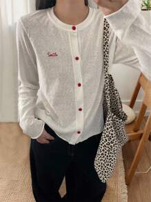 INAWLY Letter Print Casual Front Button Thin Jacket, Suitable For Spring & Autumn - White - View 3