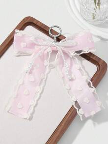 ROMWE Kawaii 1pc INS Korean Style Delicate & Sweet Versatile Minimalist High-End Handmade Beaded White Faux Pearl Net Lace Embroidered Heart-Shaped Pink Ribbon Bow DIY Keychain Bag Charm, Suitable For Women, Daily Wear, Holiday Gift - Pink - View 7