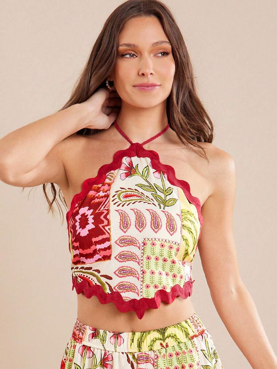 L'Amorae Top halter sin espalda con detalles de ribete ondulado, estampado tropical para vacaciones de primavera y verano