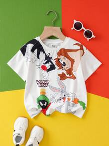 LOONEY TUNES X SHEIN 小男孩可爱猫咪图案白色休闲短袖T恤 - 白色 - 查看 1