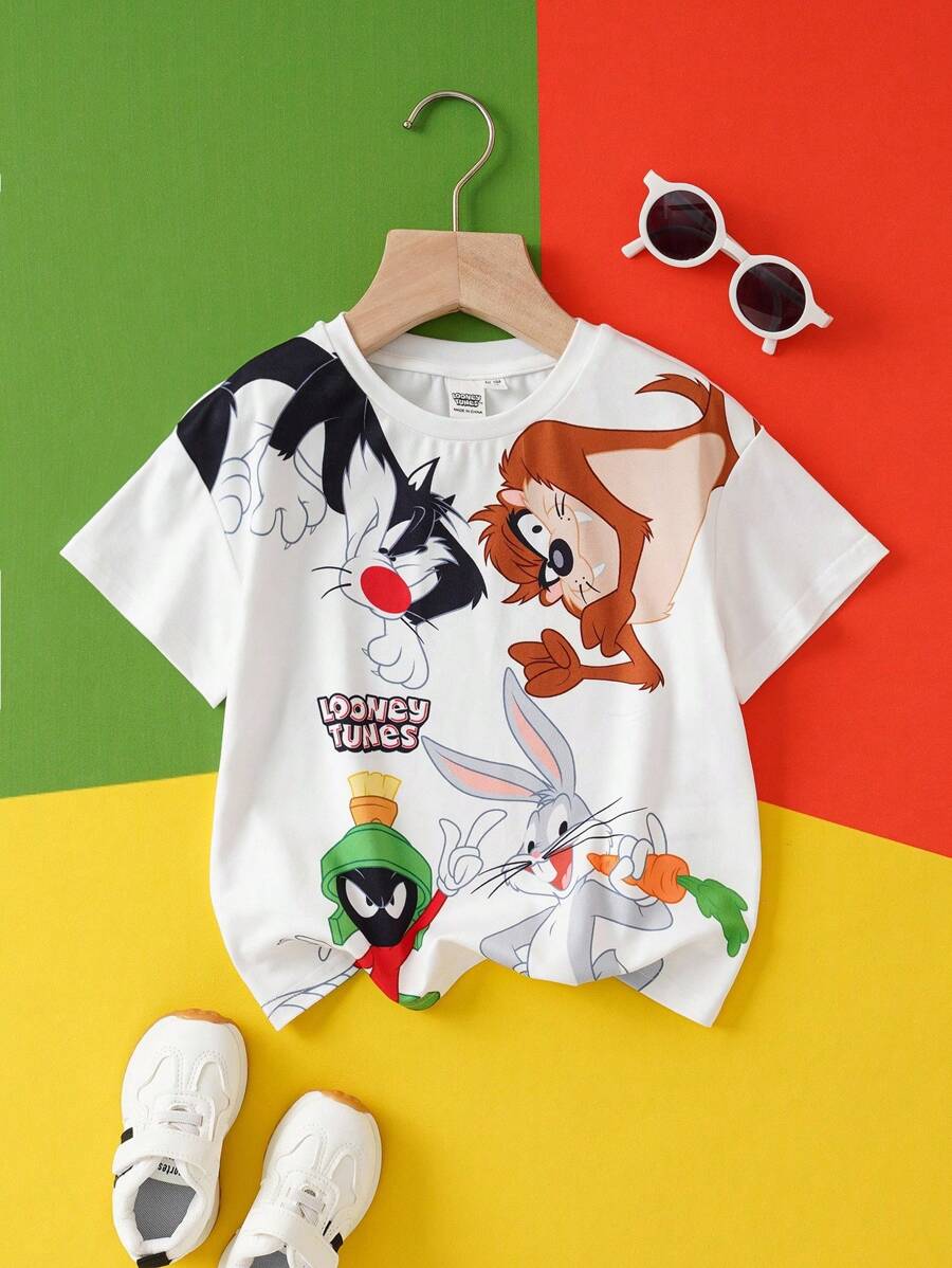 LOONEY TUNES X SHEIN 小男孩可爱猫咪图案白色休闲短袖T恤 - 白色 - 查看 1