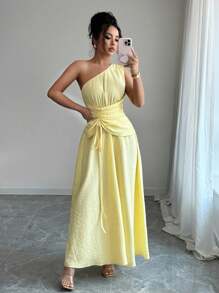 Rafferiza 女式简约纯色褶皱收腰连衣裙，夏季 - 黃色 - 查看 1