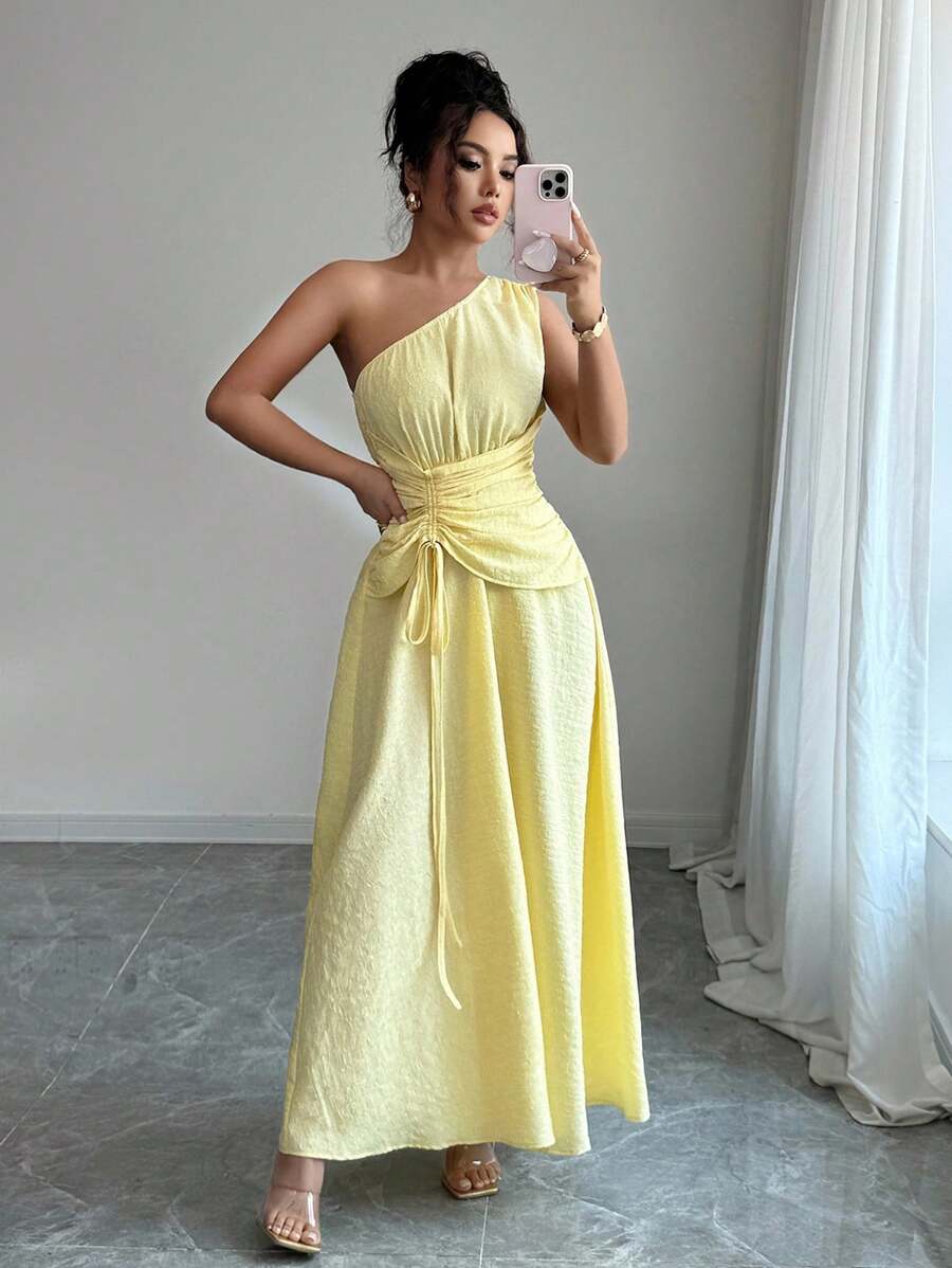 Rafferiza 女式简约纯色褶皱收腰连衣裙，夏季 - 黃色 - 查看 1