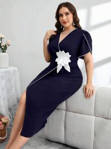 Modelyn Vestido ajustado elegante de talle alto con cuello en V para mujer de talla grande