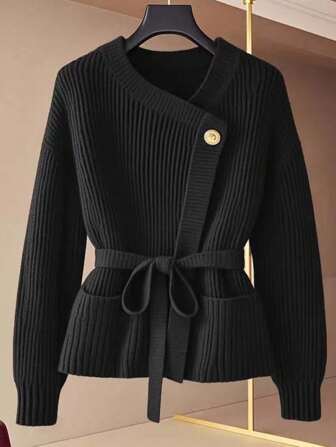 GlowEve New V-Neck Cardigan For Women, European & American Style Color Blocking Elegant Minimalist Fashion Knitted Sweater