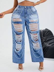 SHEIN EZwear 大码女式珍珠链装饰破洞宽松阔腿牛仔裤，休闲街头时尚 - 彩色 - 查看 4