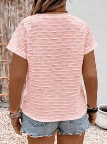 EMERY ROSE 大码女式休闲V领短袖波浪提花纹理针织T恤 - 粉色 - 查看 2