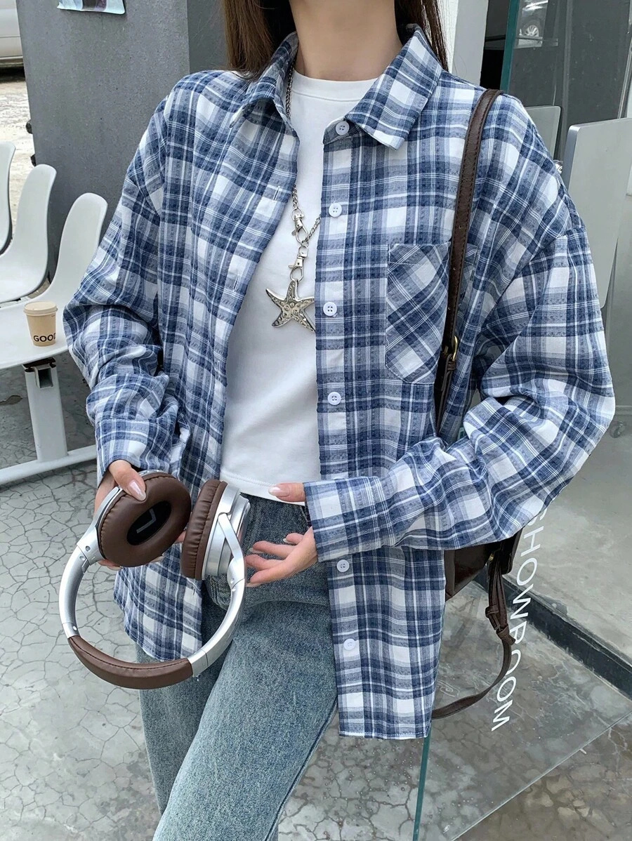 SHEIN Camicia a maniche lunghe casual, oversize, in stile retrò scolastico, blu e bianco, per ragazze adolescenti, in occasione del rientro a scuola